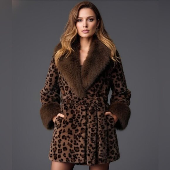 Leopard Pattern Faux Fur Belted Coat Brown - Picture 1 of 11